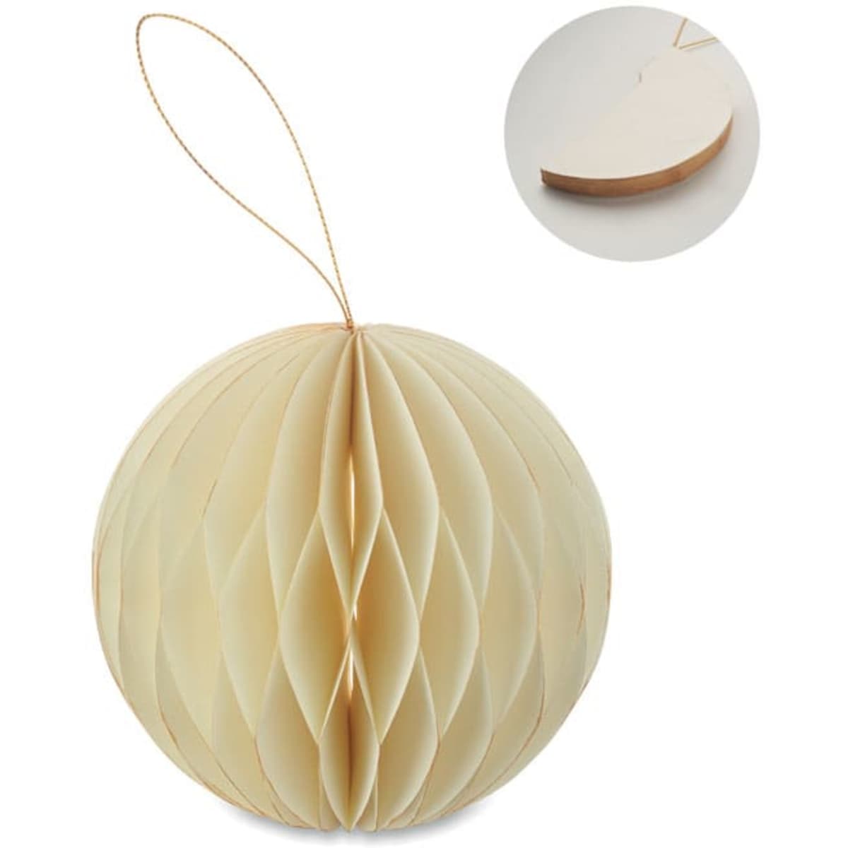 A decorative cream honeycomb bauble with a golden string for hanging, featuring a layered, textured design.