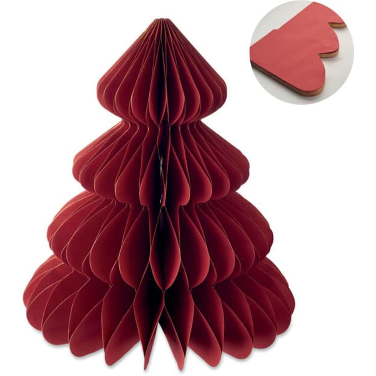 A red decorative paper Christmas tree with layered folds, accompanied by a circular inset showing a detail of the design.