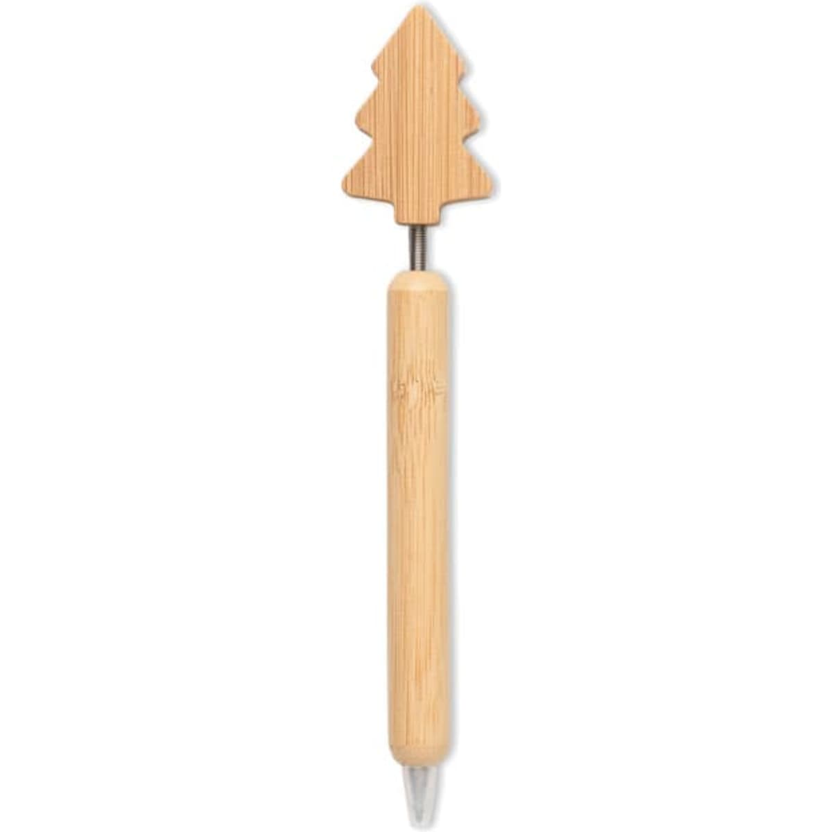 A bamboo pen with a tree-shaped topper and a transparent barrel, showcasing natural wood tones.