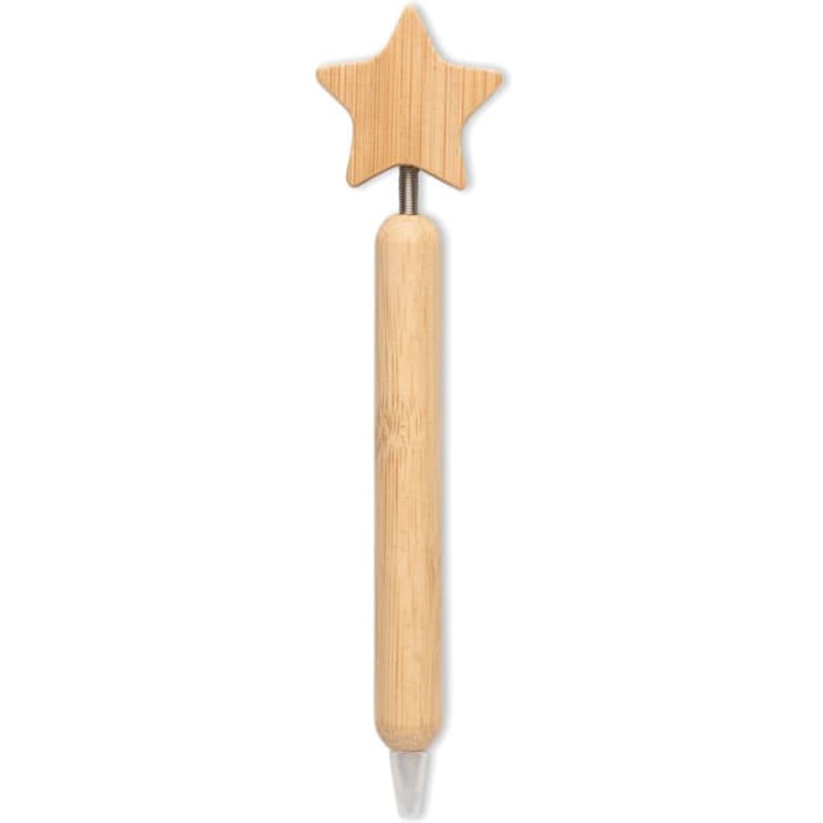 A star-shaped pen with a wooden top and a lightweight bamboo body. The pen has a clear plastic tip.