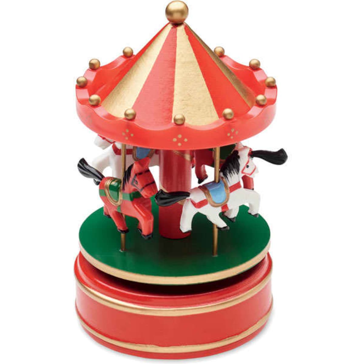A red and gold carousel music box with white and red horses, featuring a round green base. It has a decorative striped canopy.