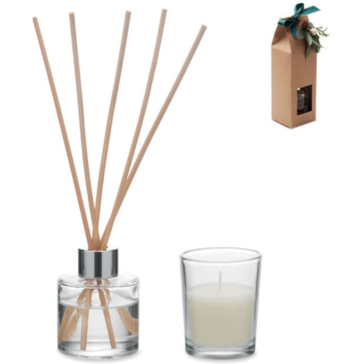 A glass diffusing bottle with wooden reeds, a small scented candle, and a packaged candle in a brown box.