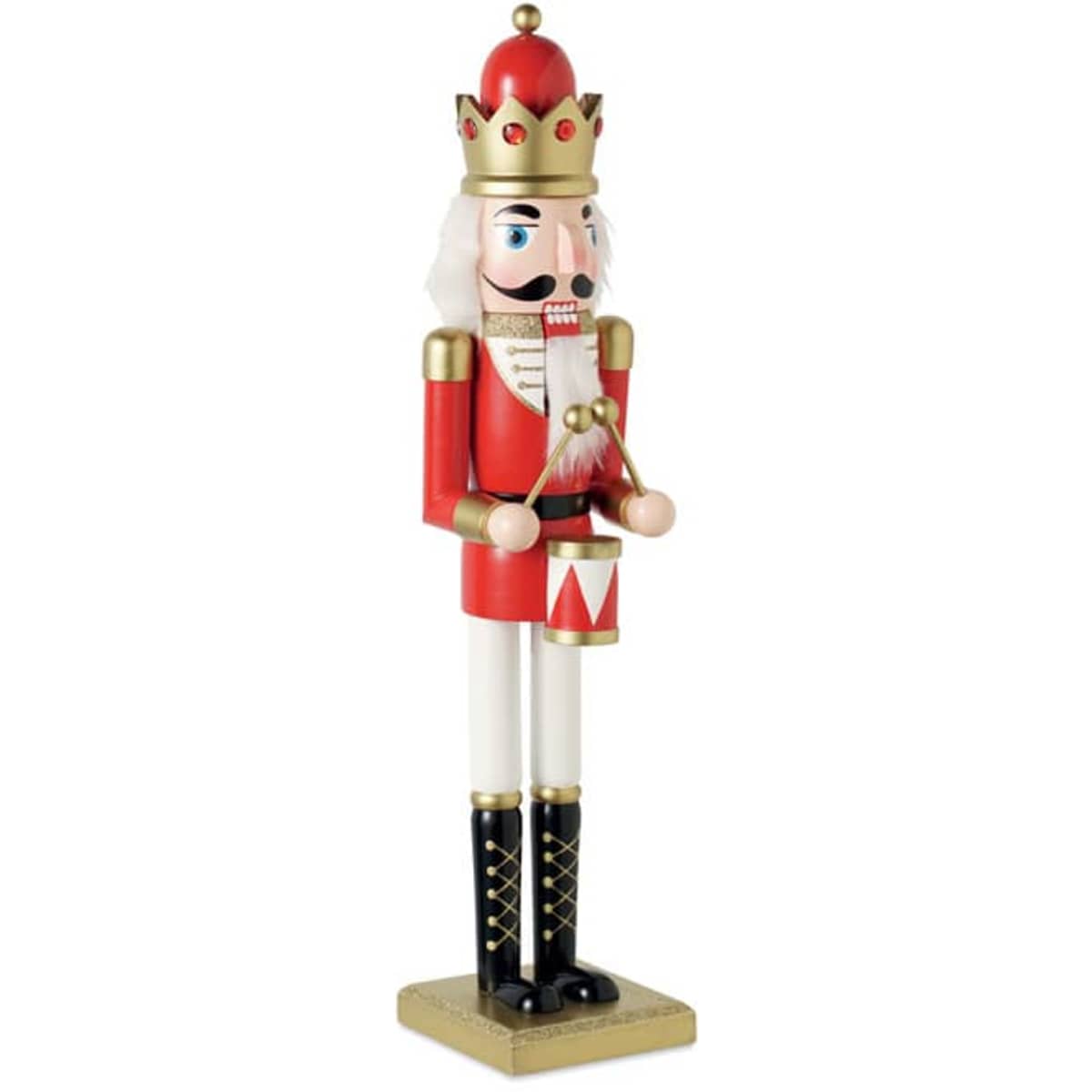 A nutcracker figurine featuring a king in a red and gold uniform, with a white beard and black boots.