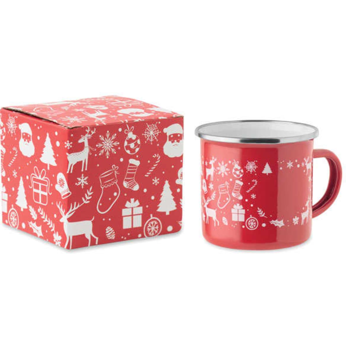 A red drink mug with a silver rim beside a festive patterned gift box. The box features Christmas-themed designs.
