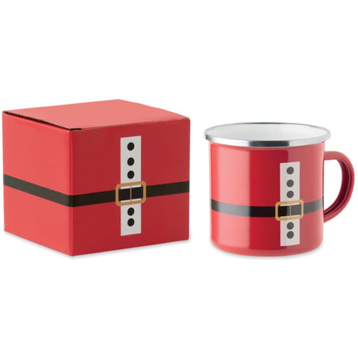 A red mug designed to resemble Santa's outfit, accompanied by a matching box. The mug features a silver rim.