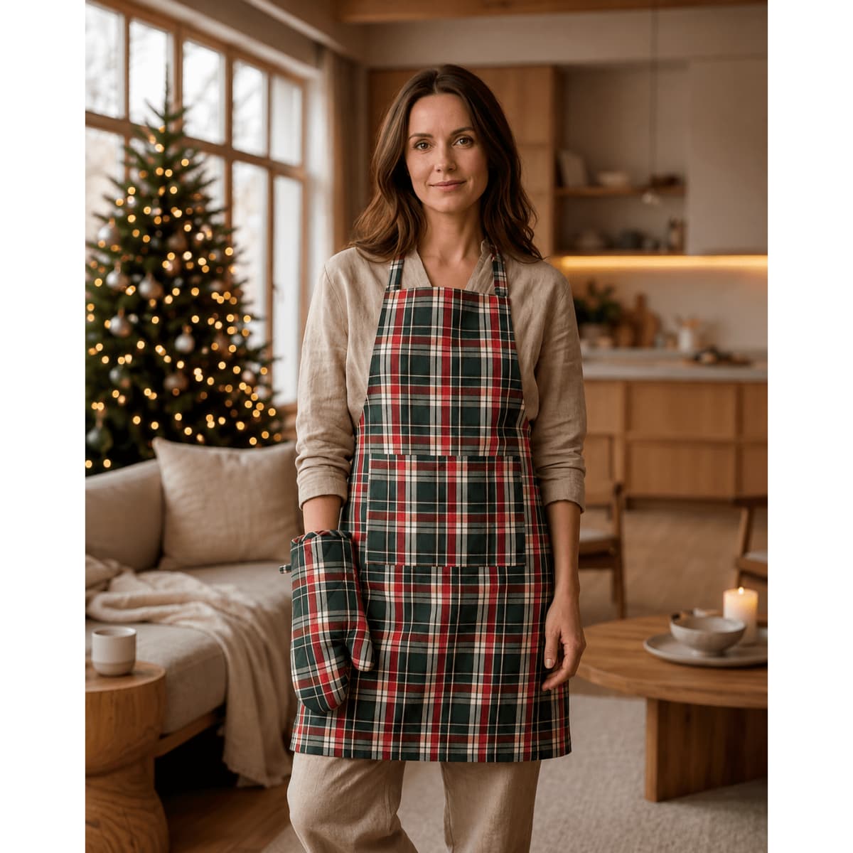 A woman wearing a red and green plaid apron and oven mitt stands in a cosy, decorated living space.