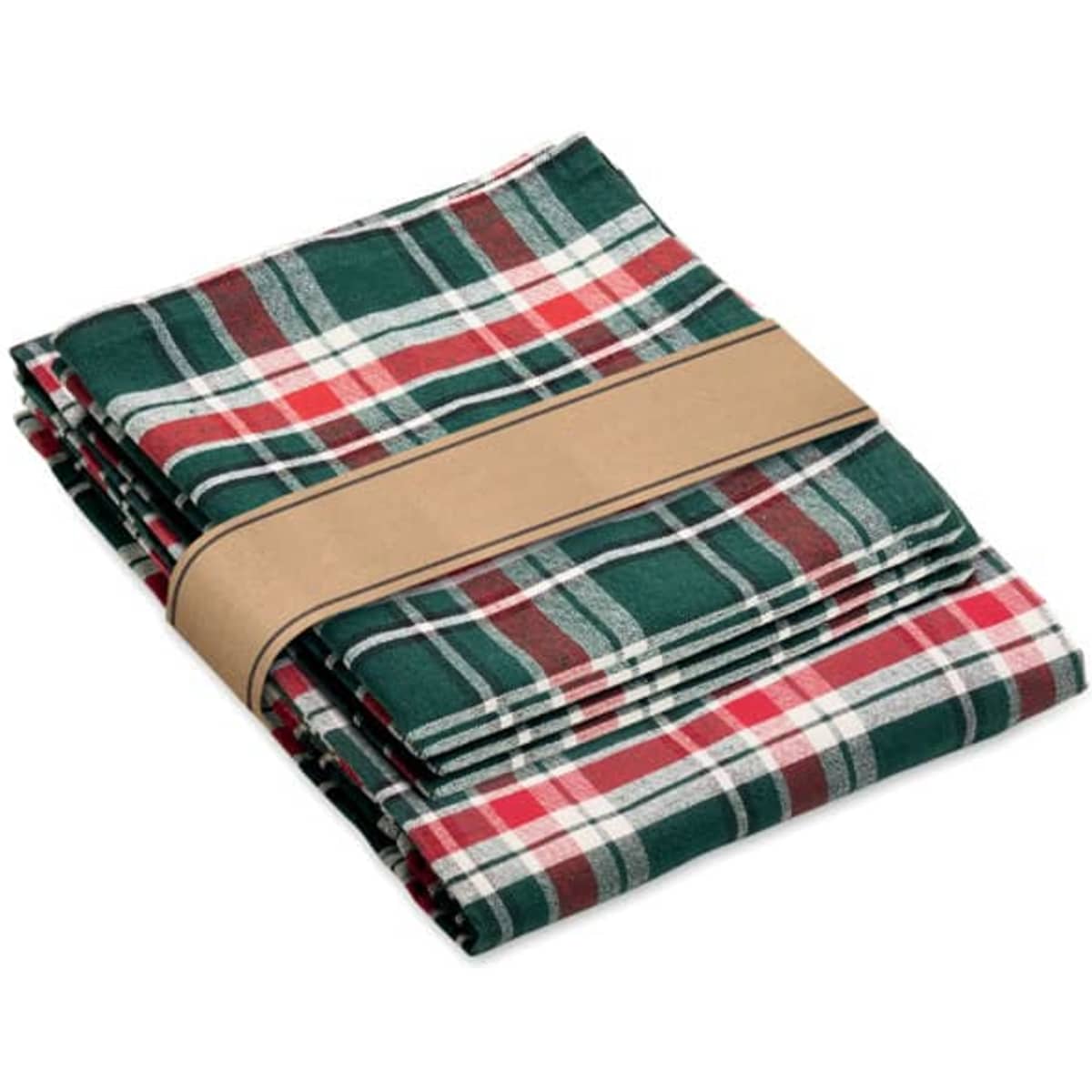 A set of folded, plaid napkins in green, red, and white, wrapped with a kraft paper band.