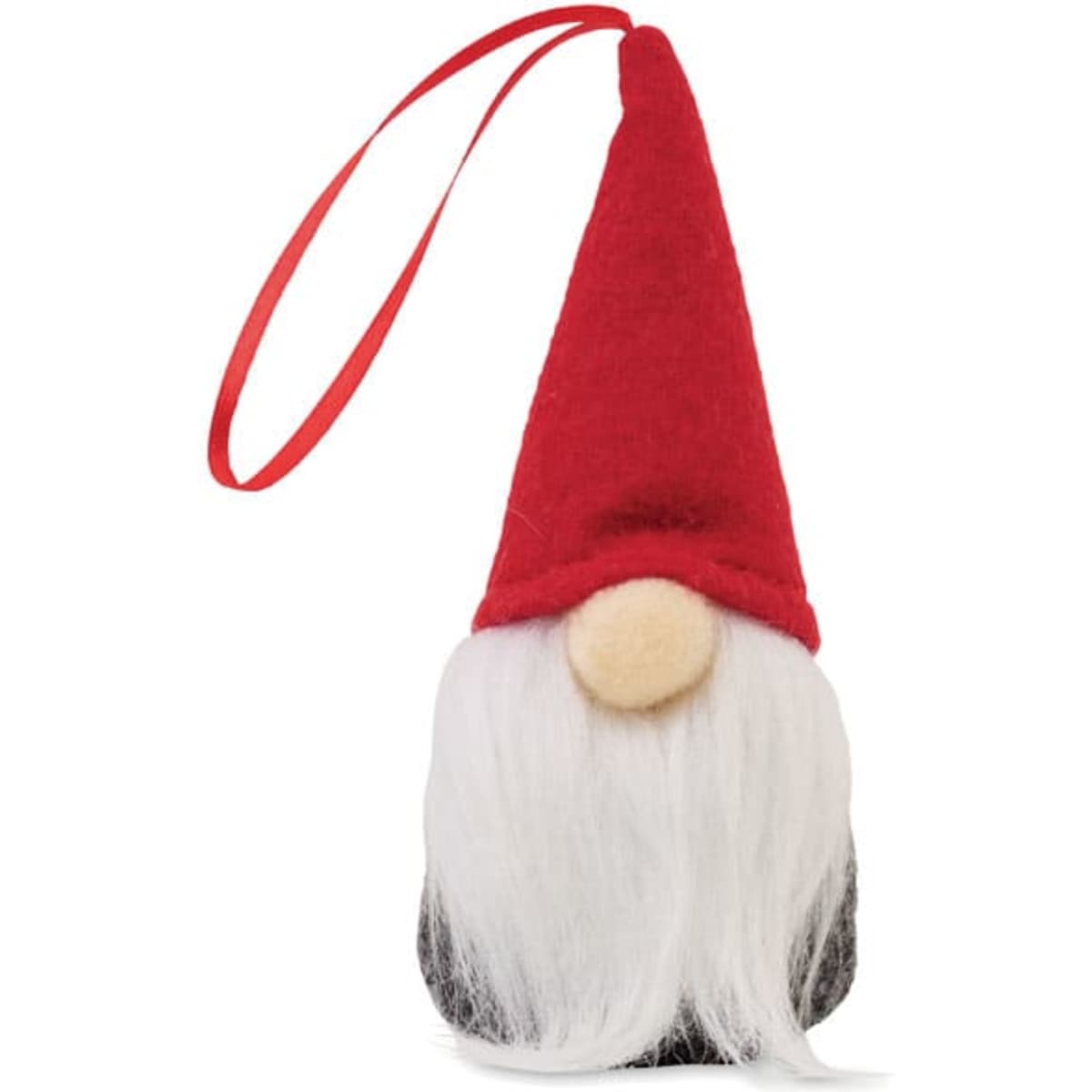 A decorative gnome ornament with a red hat, white beard, and a beige nose, featuring a red hanging ribbon.