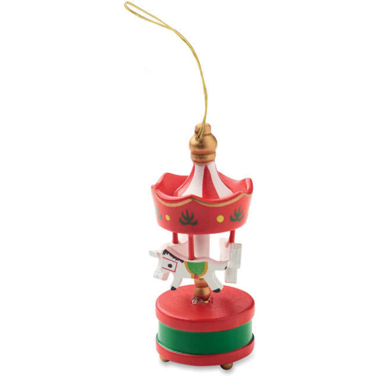 A decorative carousel ornament in red and green, featuring white horses and a hanging string for display.