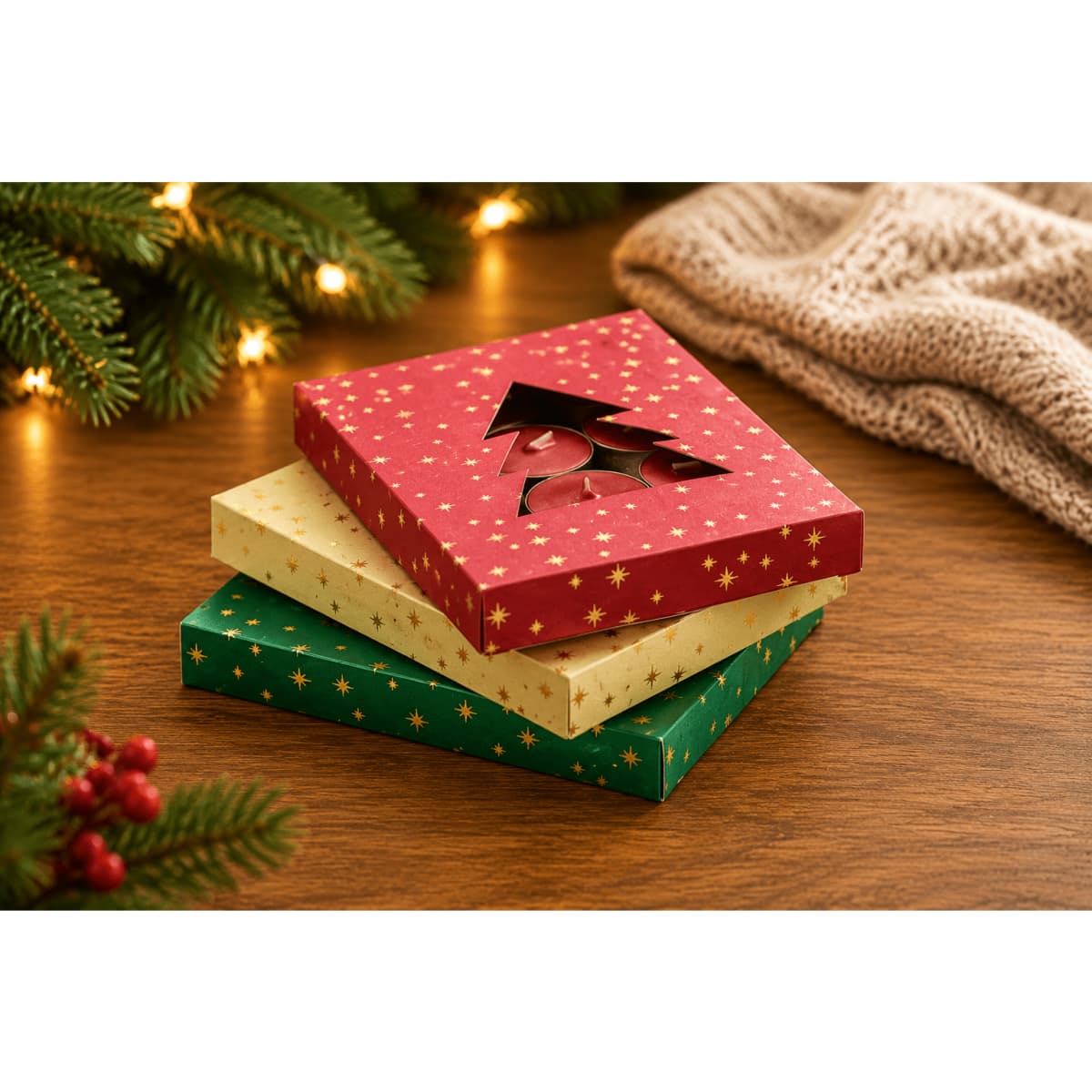 Three decorative gift boxes stacked, featuring red, cream, and green colours with festive star patterns and a tree cut-out.