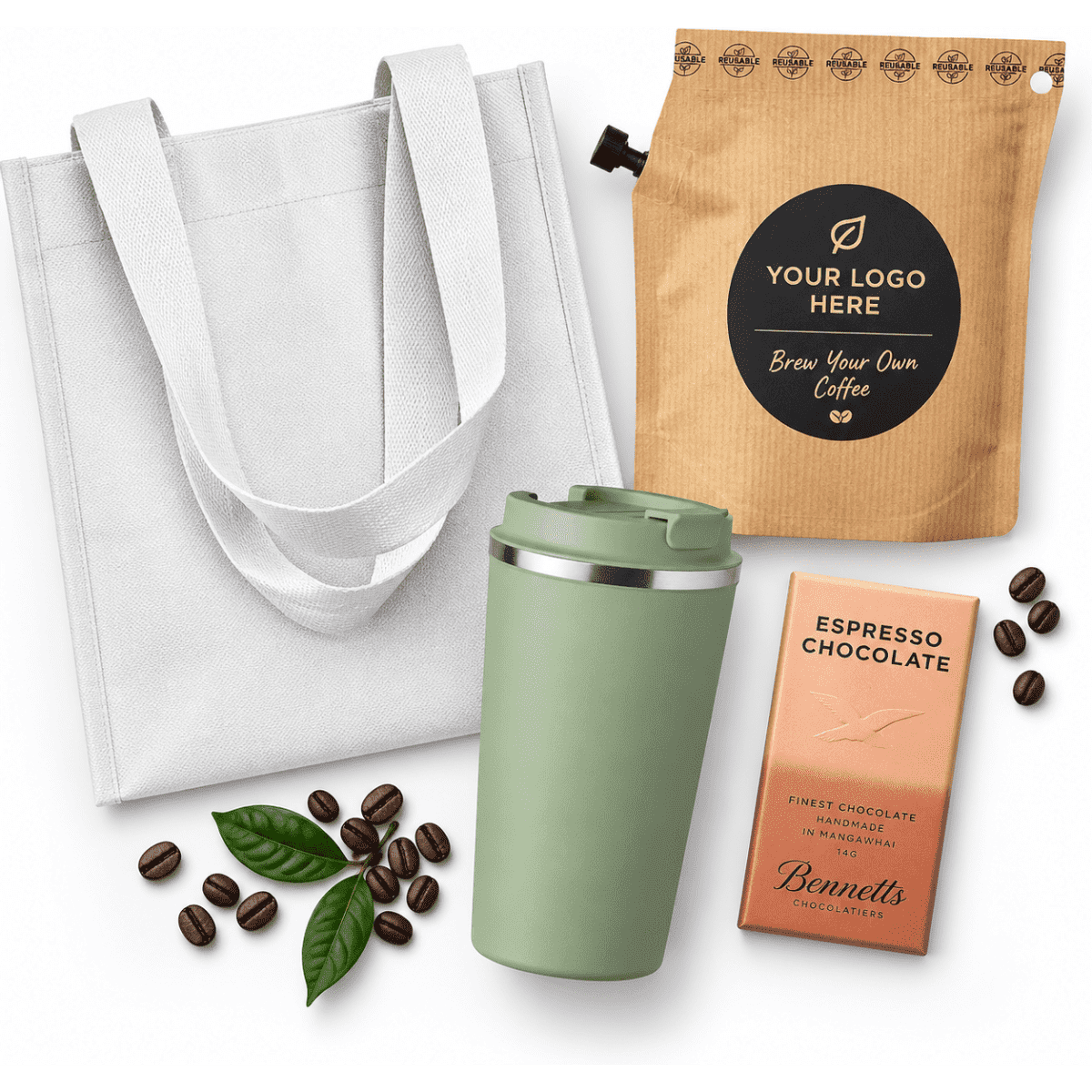 A drink bottle in soft green, a canvas tote bag, coffee beans, and chocolate packaged in a brown bag.