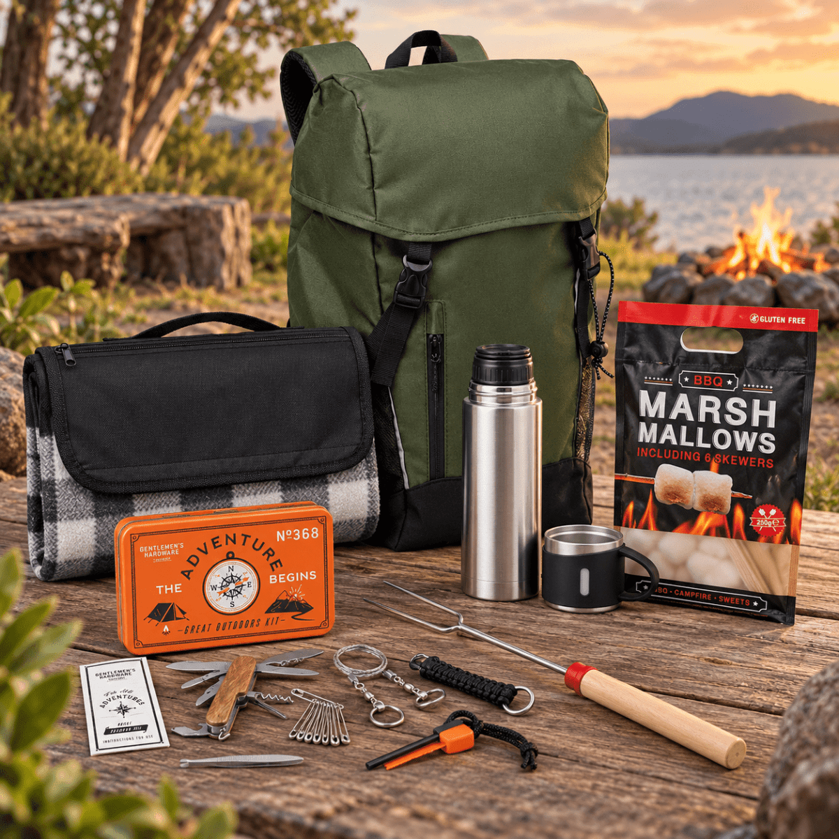 A green backpack, stainless steel drink bottle, and various camping tools with a pack of marshmallows, set outdoors.