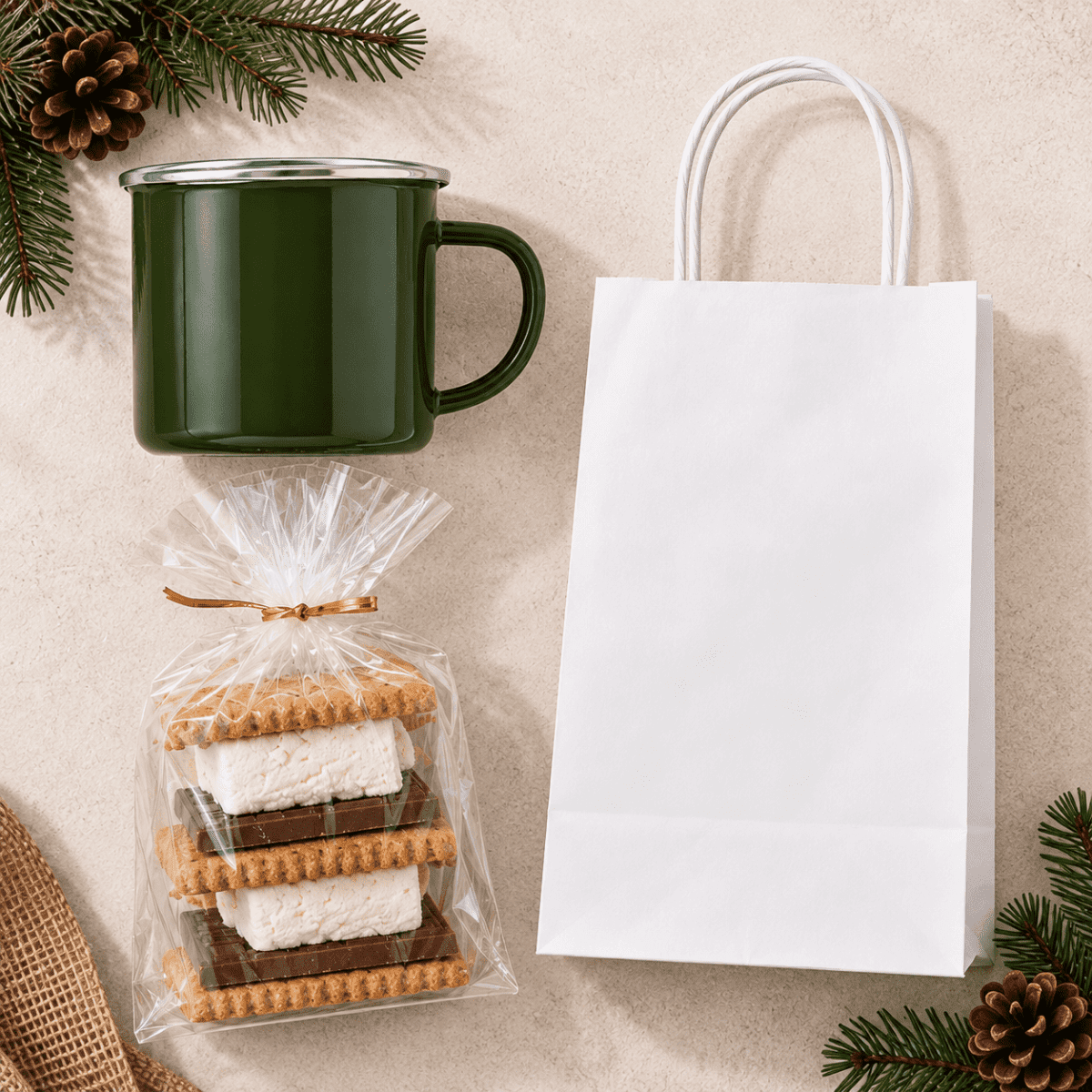 A green mug, a bag, and a clear pouch containing s'mores with graham crackers and marshmallows.