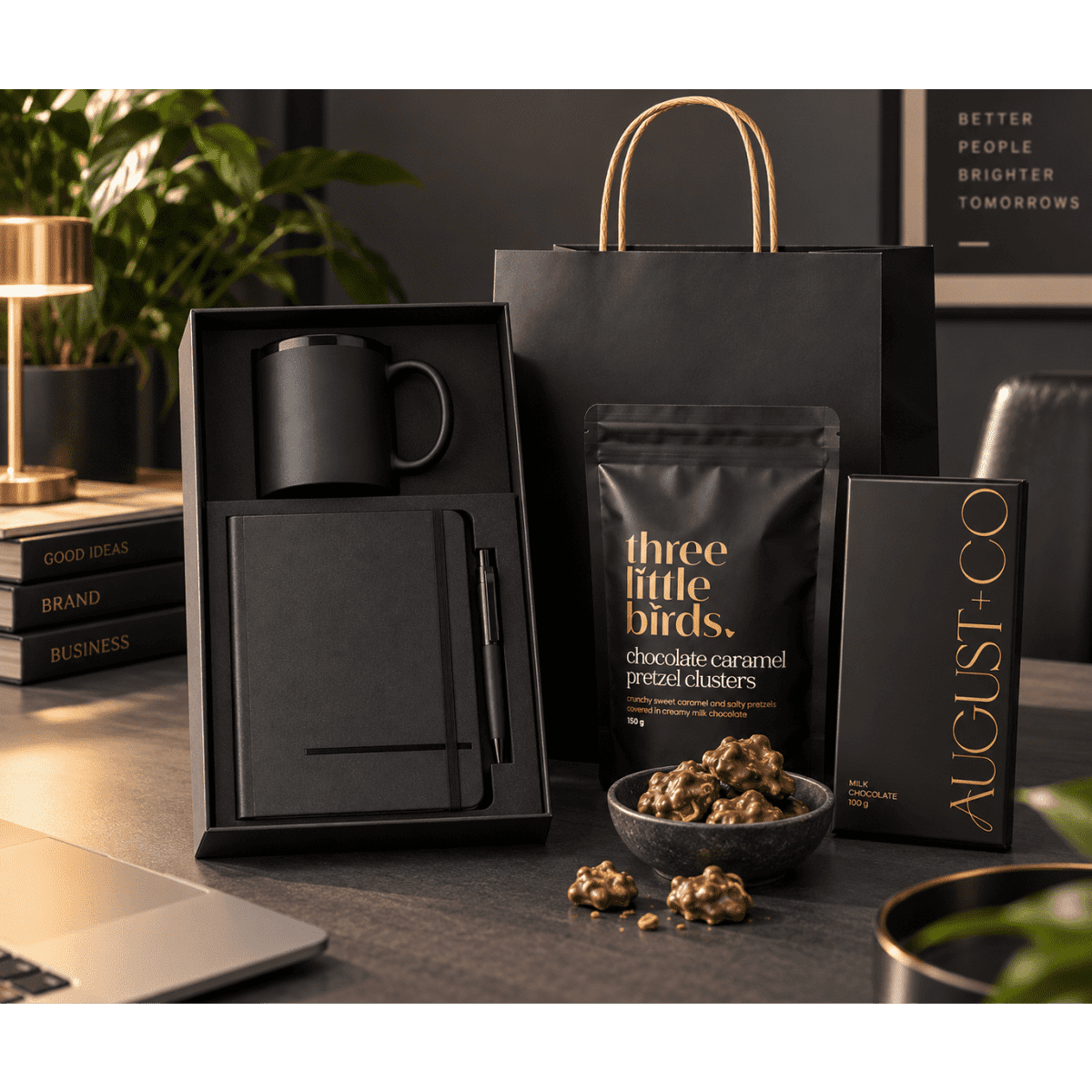 A black gift set featuring a mug, notebook, pen, snack bag, and a bowl of chocolate-covered pretzels, all in a stylish presentation.