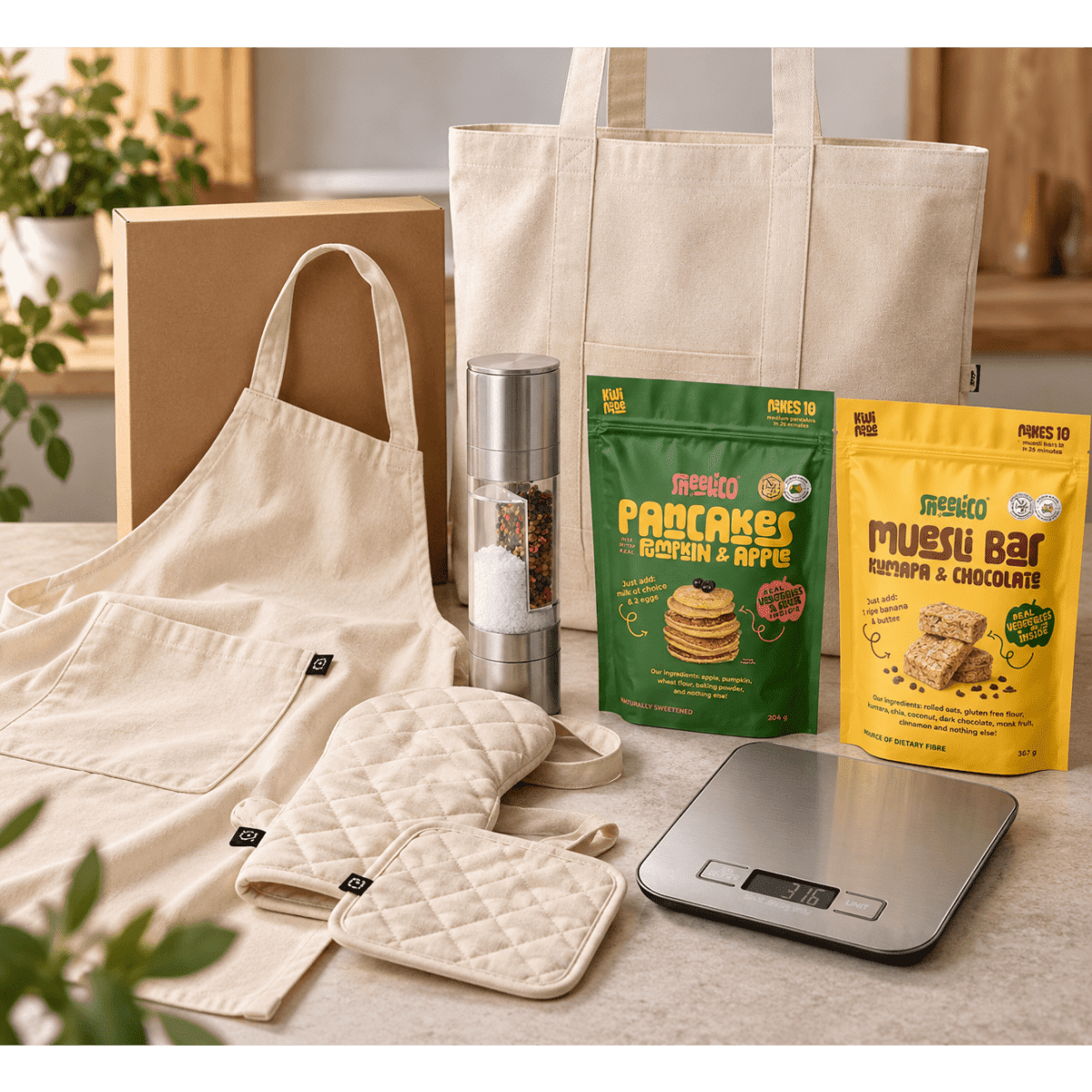A cream-coloured apron, oven mitts, tote bags, a digital scale, and packets of pancake mix and muesli bars.