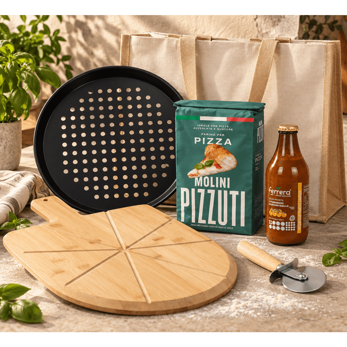 A pizza stone, pizza cutter, sauce, drink bottle, and two canvas bags are arranged on a wooden surface.
