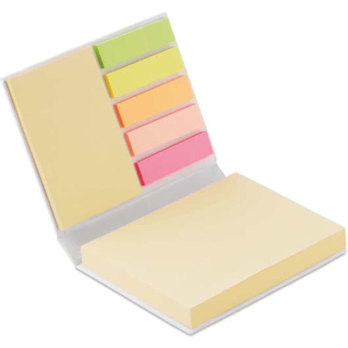 A note pad with a yellow base and five adhesive tabs in green, pink, orange, and bright yellow. It has a brand logo.