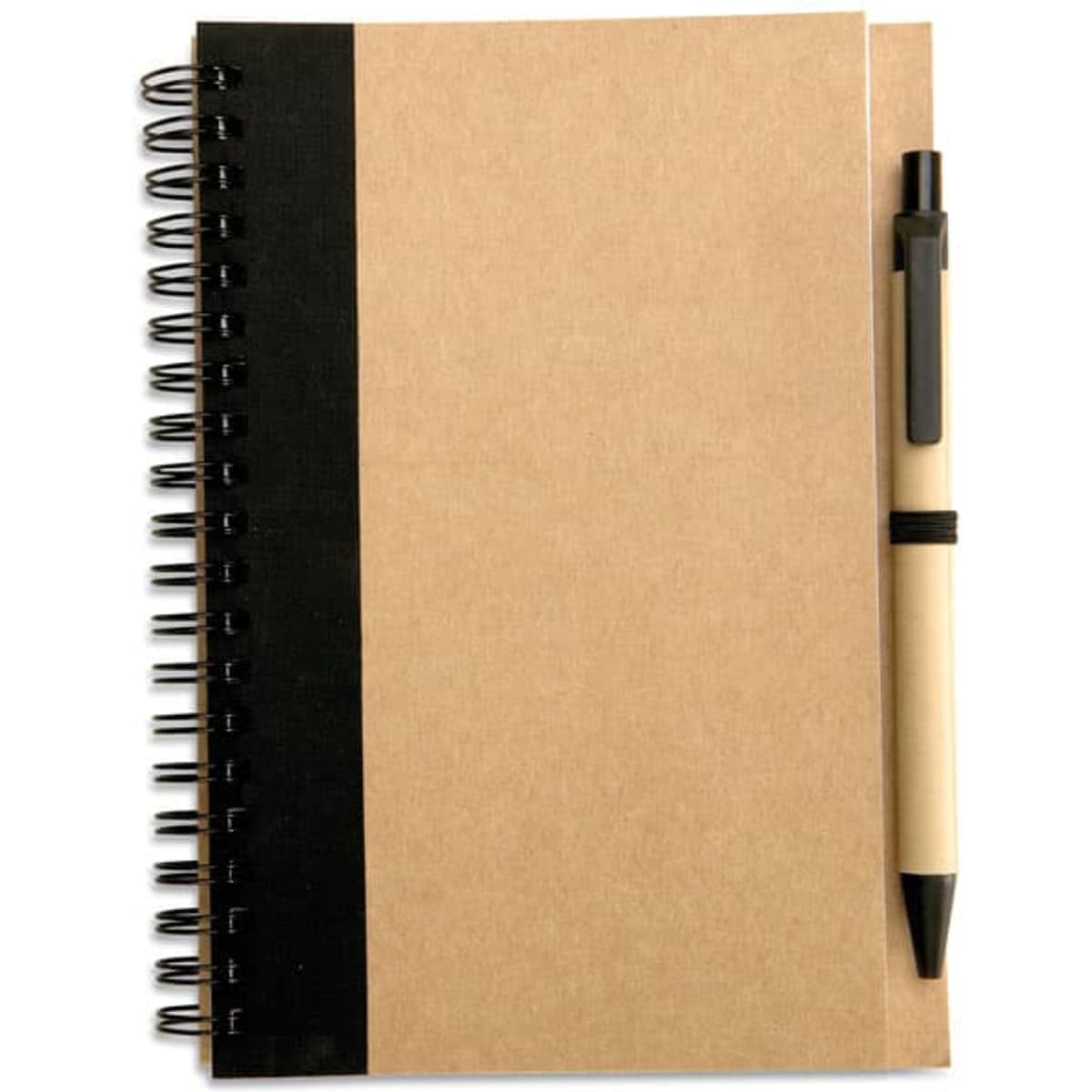 A notebook with a brown cover, black spine, and a black pen resting beside it.