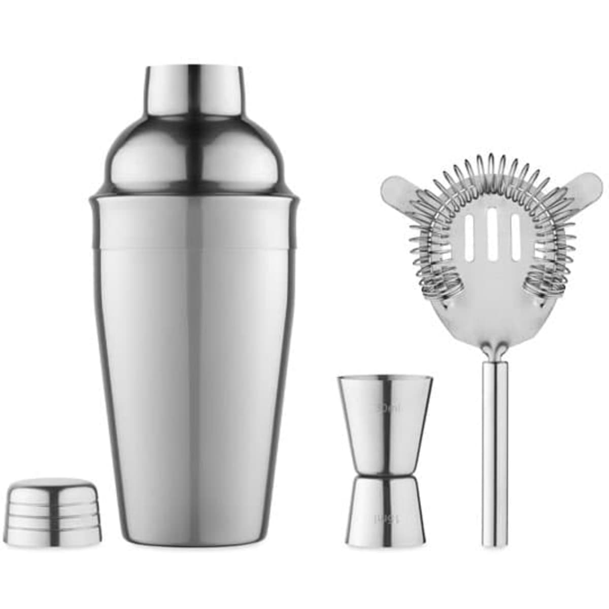 A drink bottle and cocktail shaker set in stainless steel, including a strainer and jigger. Features a sleek design.