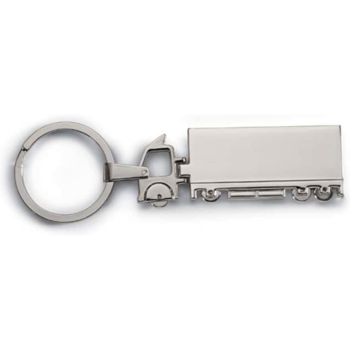 A keyring featuring a silver truck design, with a circular attachment for keys.