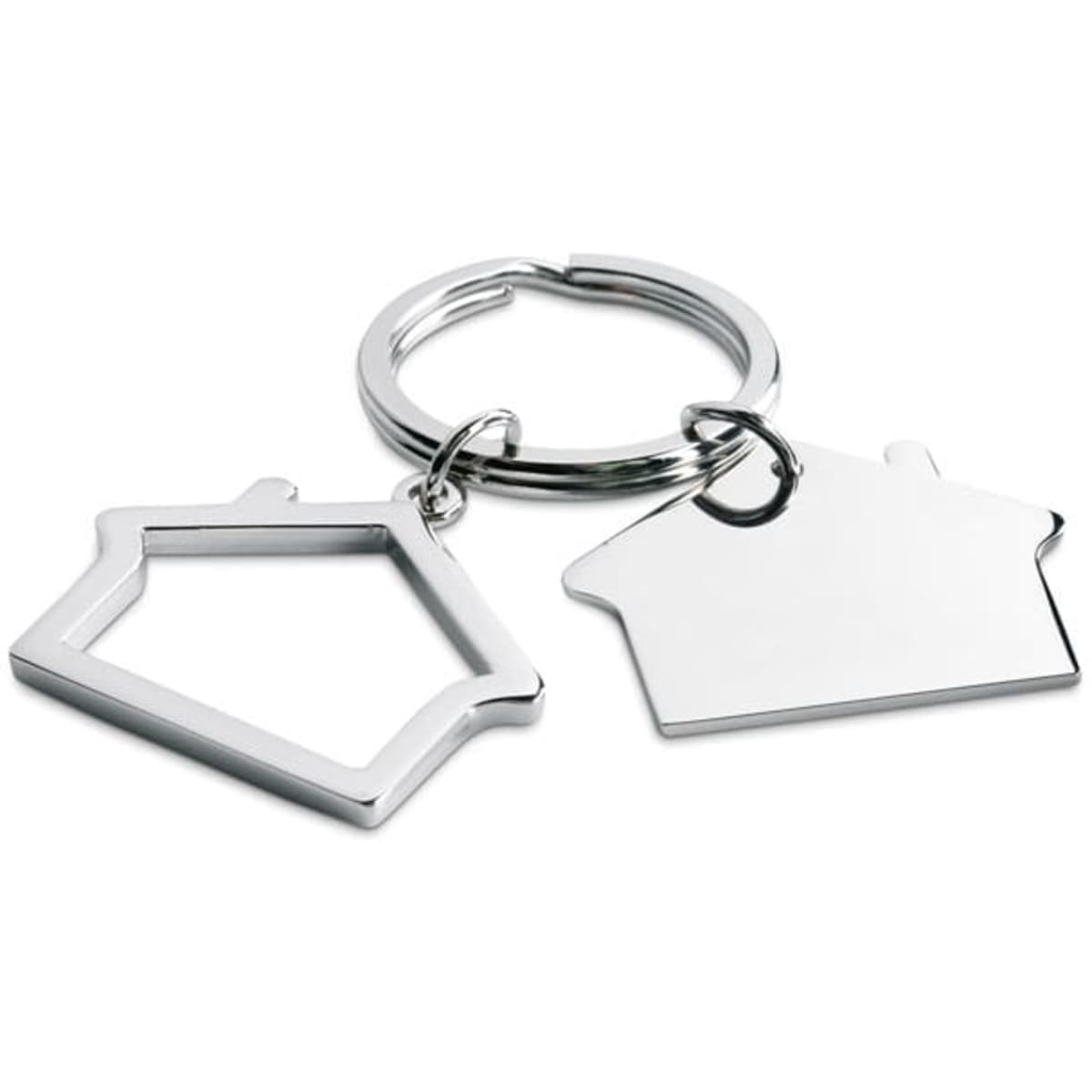 A keyring with two house-shaped metal charms, one outlined and one solid, both attached to a silver keyring.
