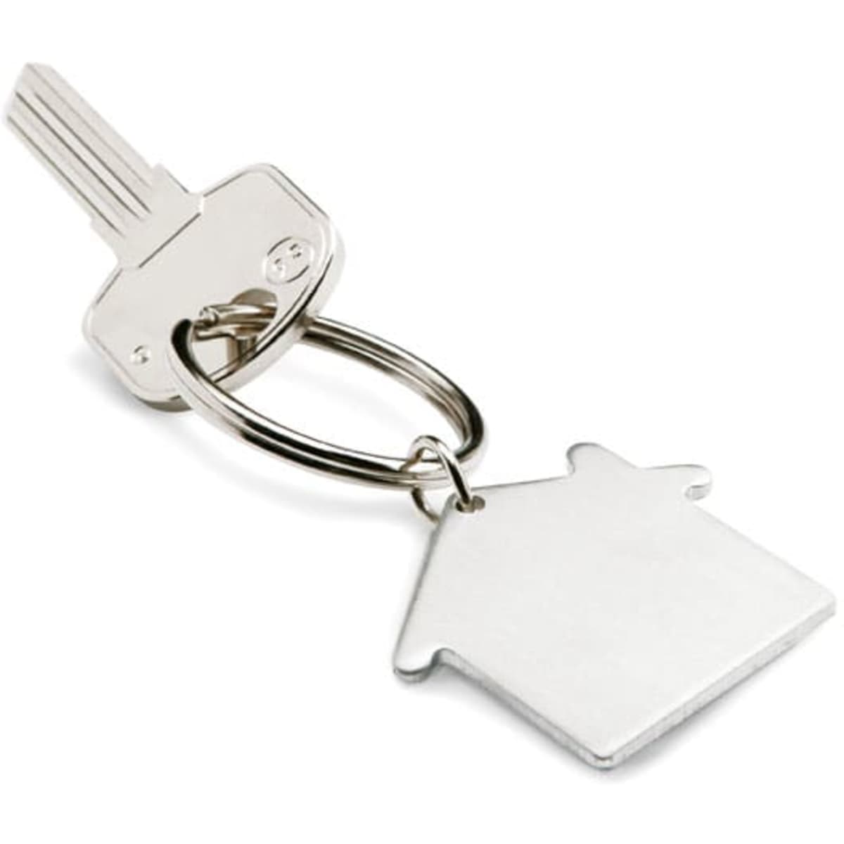 A silver key on a metal ring, with a house-shaped keychain attached.