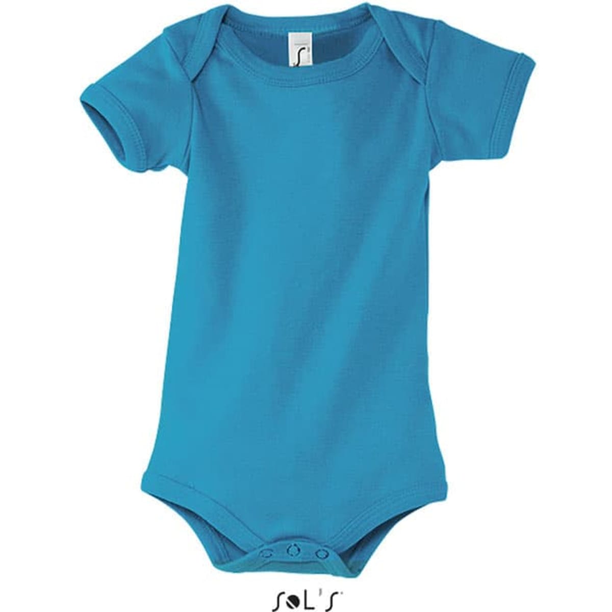 A blue short-sleeved baby onesie with a round neckline and snap closures at the bottom, featuring a logo.