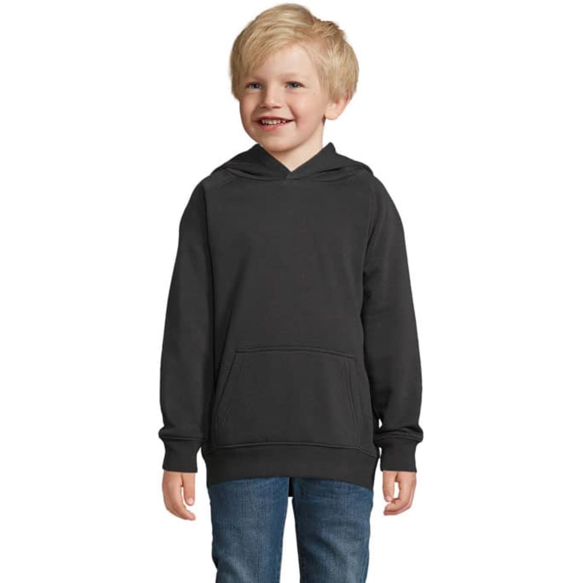 A grey hoodie for kids with a front pocket, featuring a classic hooded design.