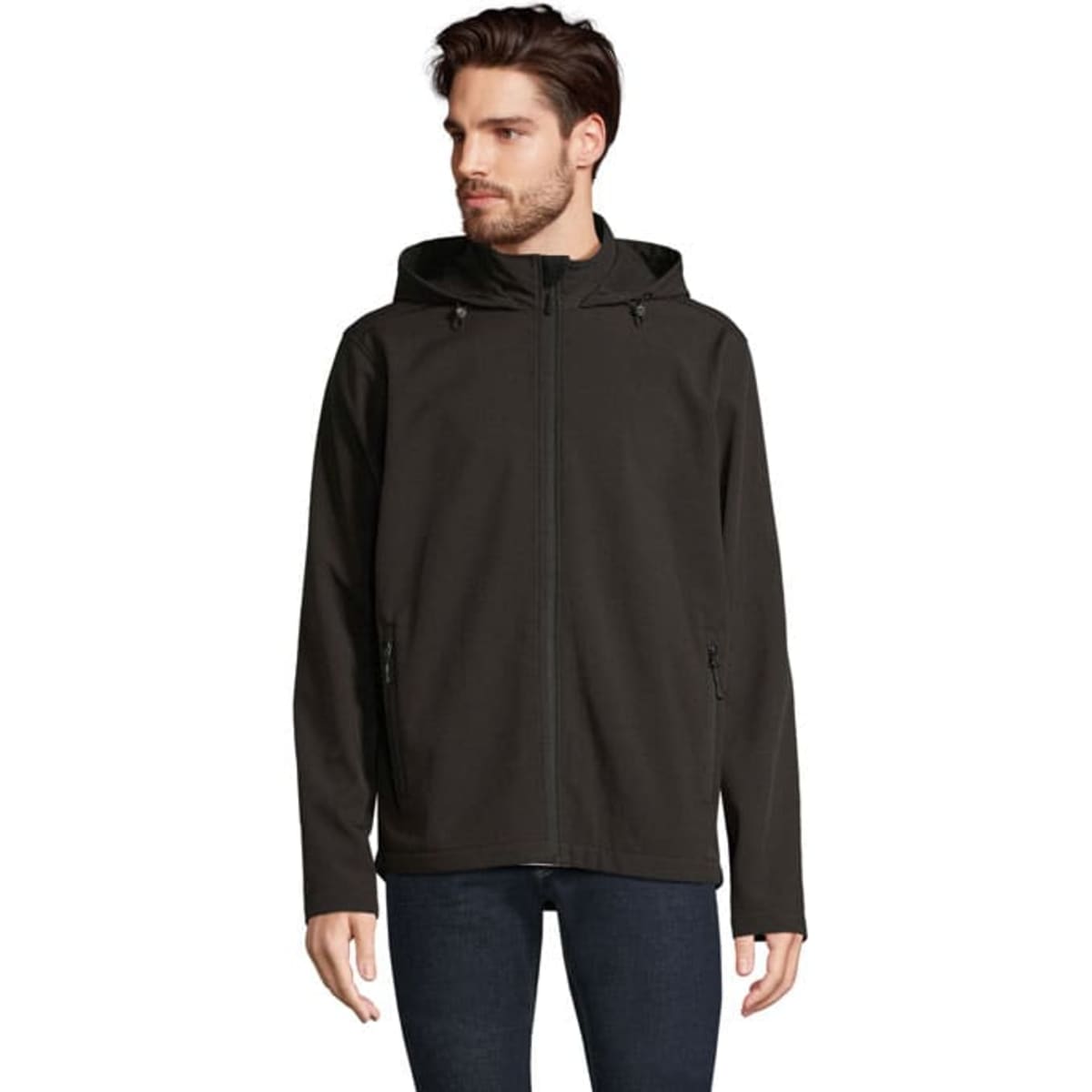 A model wearing a black hooded jacket with a zip front and side pockets. The jacket features a logo.