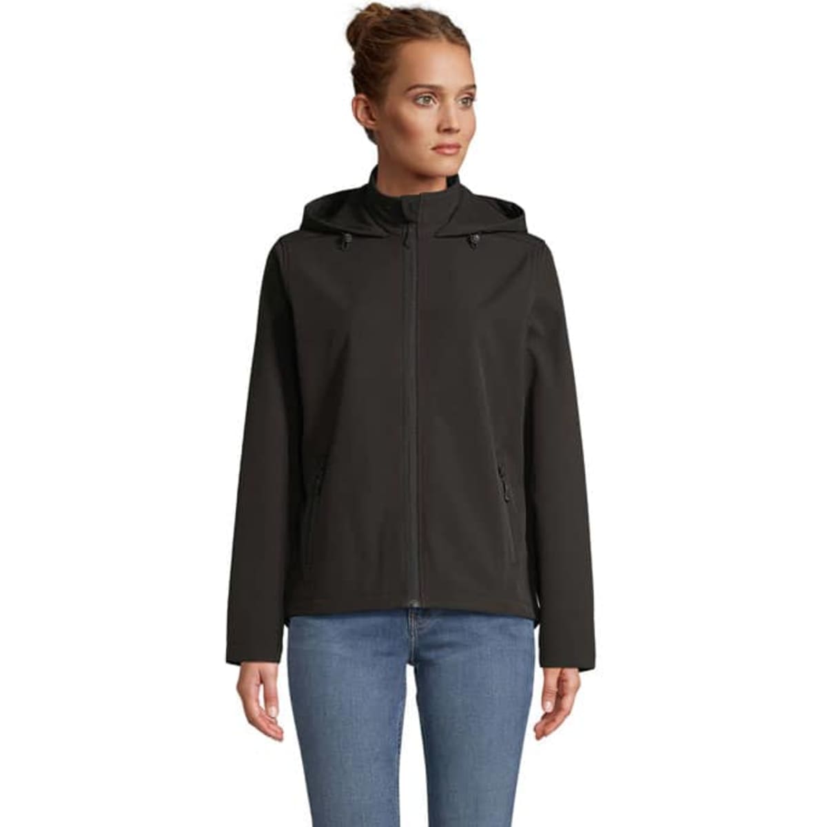 A hooded women's jacket in black, featuring a front zip and pockets, worn with blue jeans.