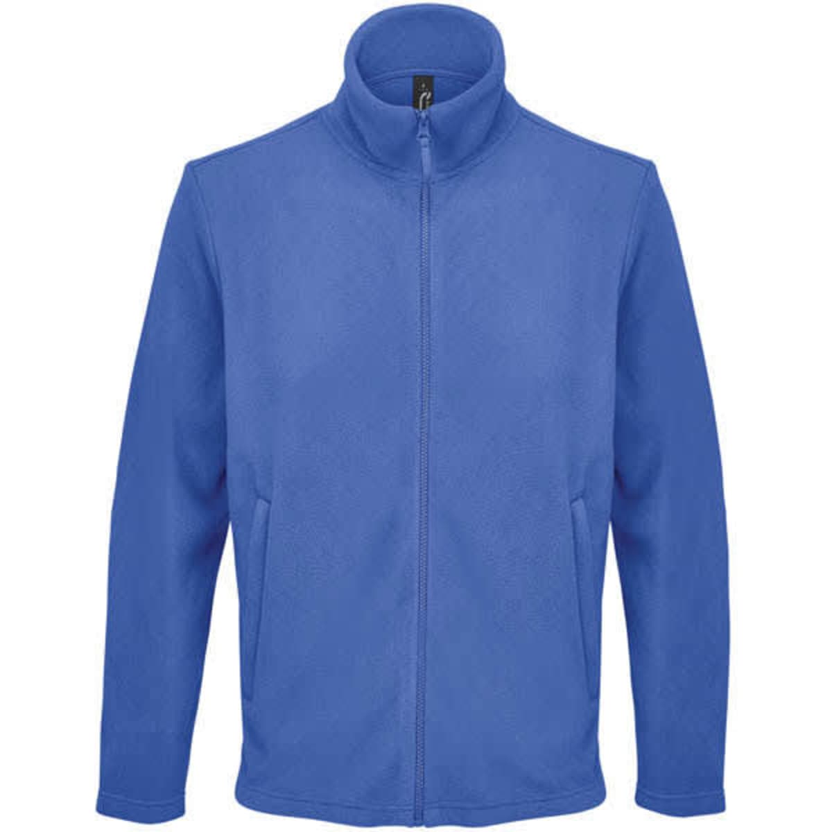 A blue fleece jacket with a high collar and zip fastening, featuring two side pockets and a simple design.