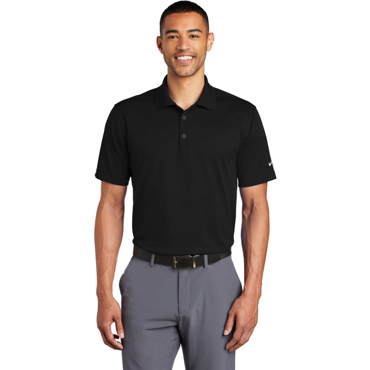 A black Nike Tech Basic Dri-FIT polo shirt with short sleeves and a collar, featuring a logo.