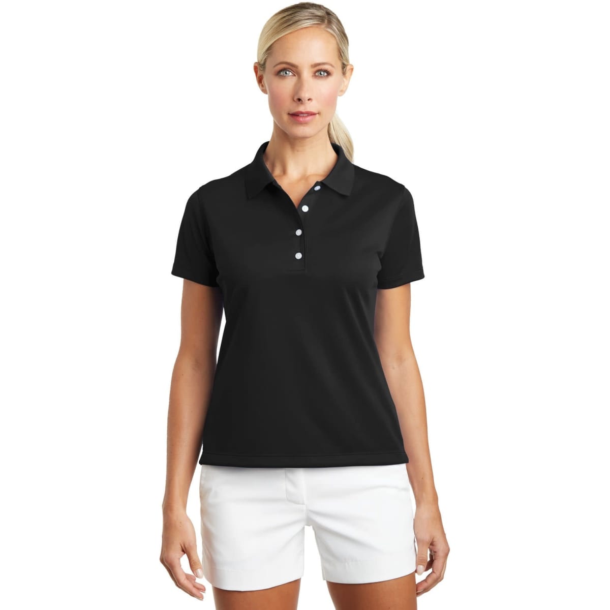A black polo shirt for ladies with a collared neckline and four buttons, paired with white shorts. It has a logo.