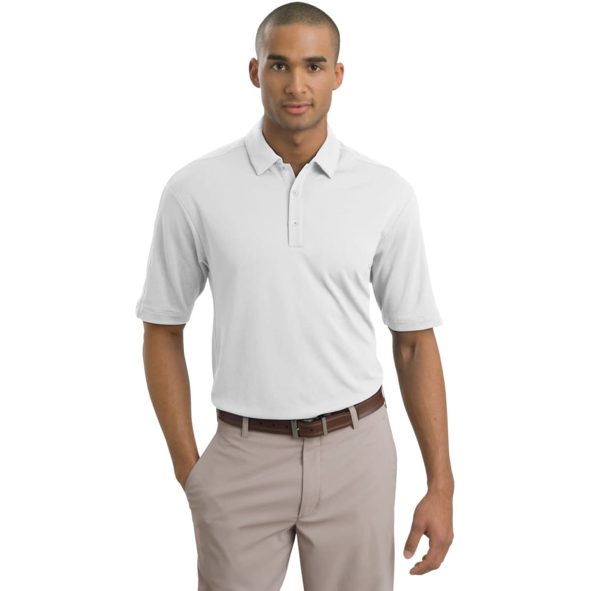 A light grey polo shirt with short sleeves, featuring a collar and a brand logo. The model pairs it with beige trousers.