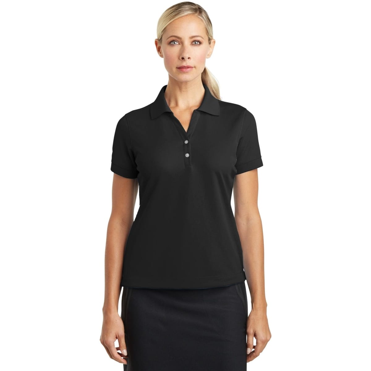 A black polo shirt designed for ladies, featuring a collar and buttons, with an attached logo.