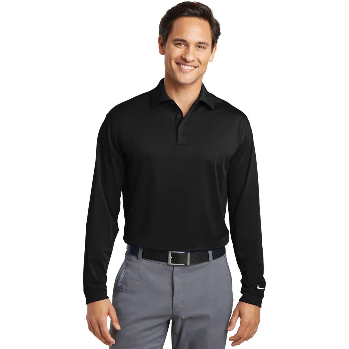 A black long sleeve polo shirt with a collar and a logo, featuring a slim fit and made from stretch fabric.