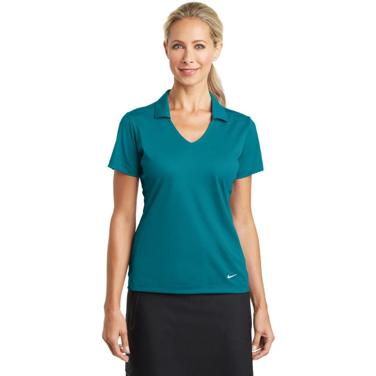 A teal women's polo shirt featuring a v-neck and short sleeves, complete with a logo.