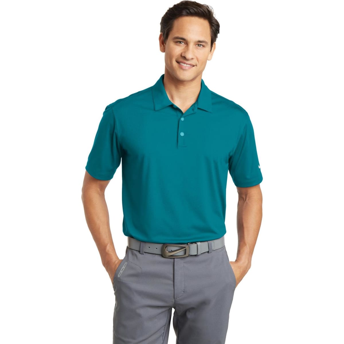 A teal Nike Dri-FIT Vertical Mesh Polo shirt, featuring a collar and short sleeves, shown on a male model.
