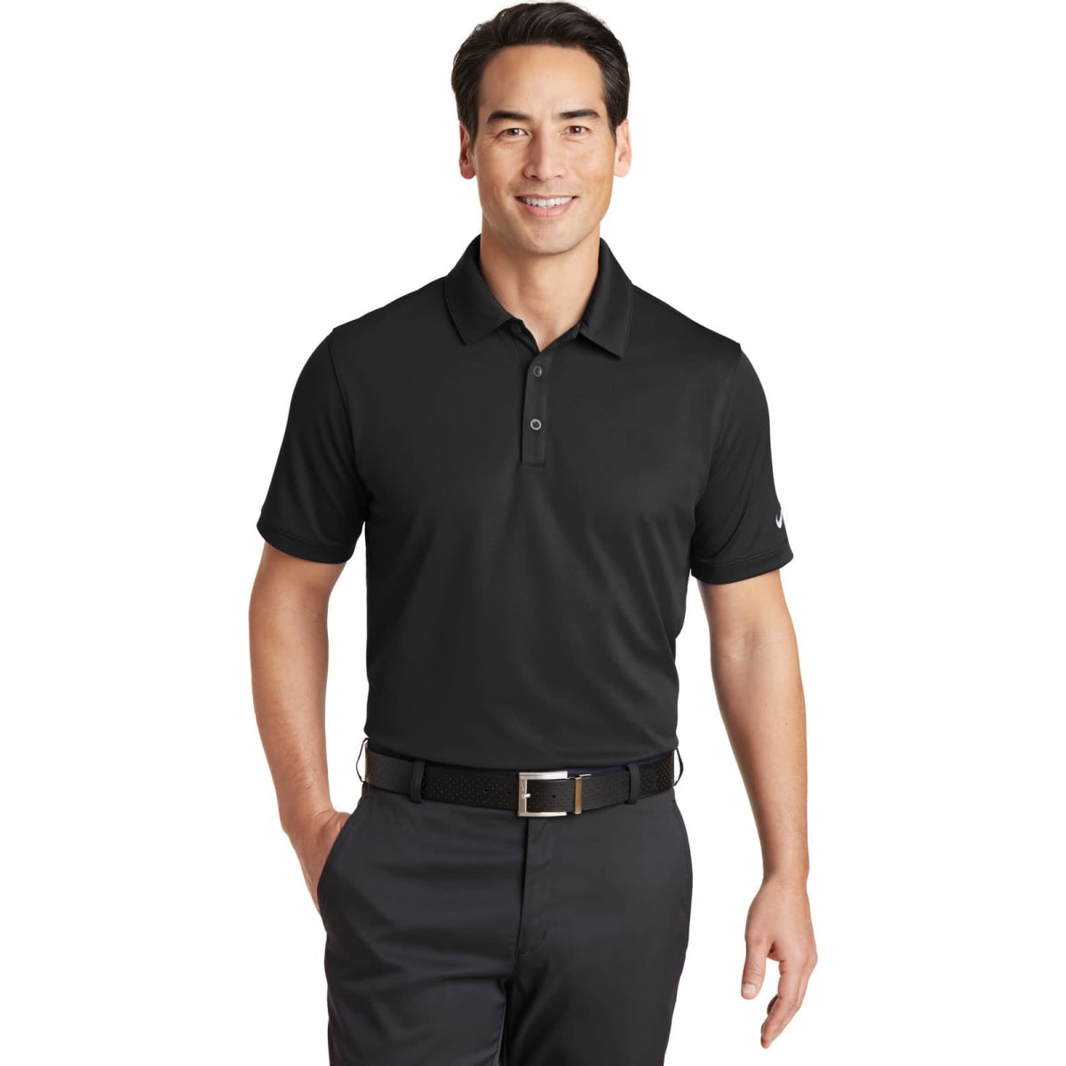 A black polo shirt with a modern fit. It features a collar, buttons, and a small logo on the sleeve.