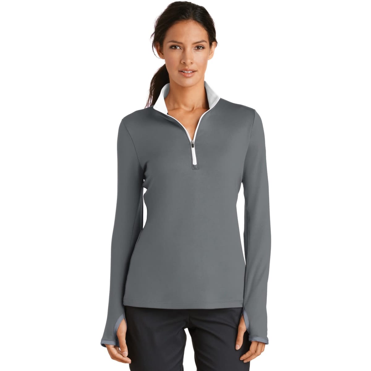 A grey ladies' 1/2-zip cover-up featuring long sleeves and a white collar, with branding visible.
