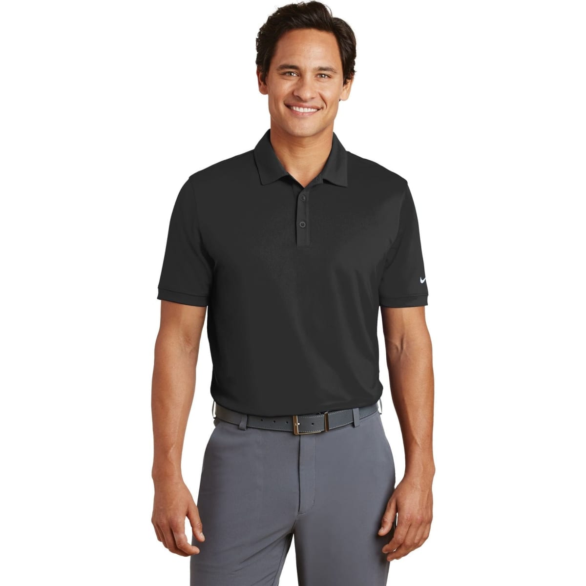 A black polo shirt with a modern fit, featuring a collar and a logo on the sleeve. Suitable for casual wear.