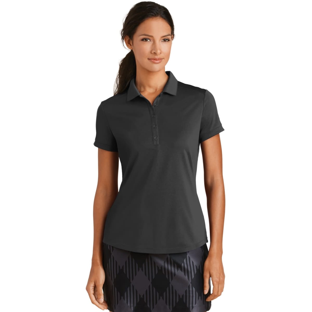 A dark grey polo shirt featuring a collar and short sleeves, with a fitted design and a logo.