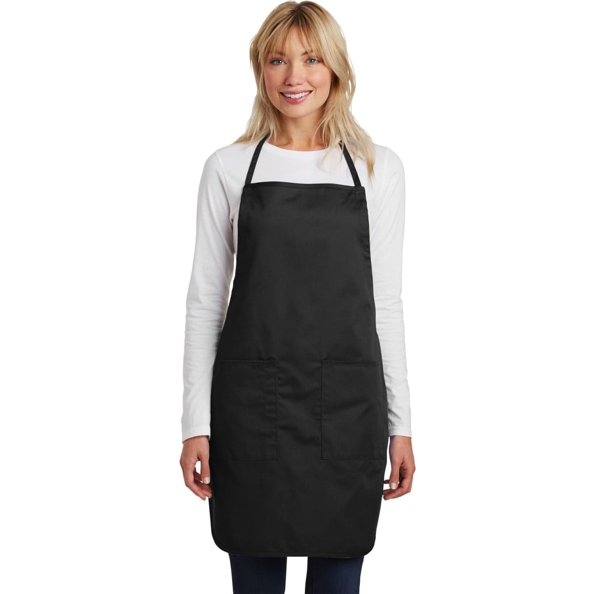 A black full-length apron worn by a person, featuring a logo and adjustable neck strap.