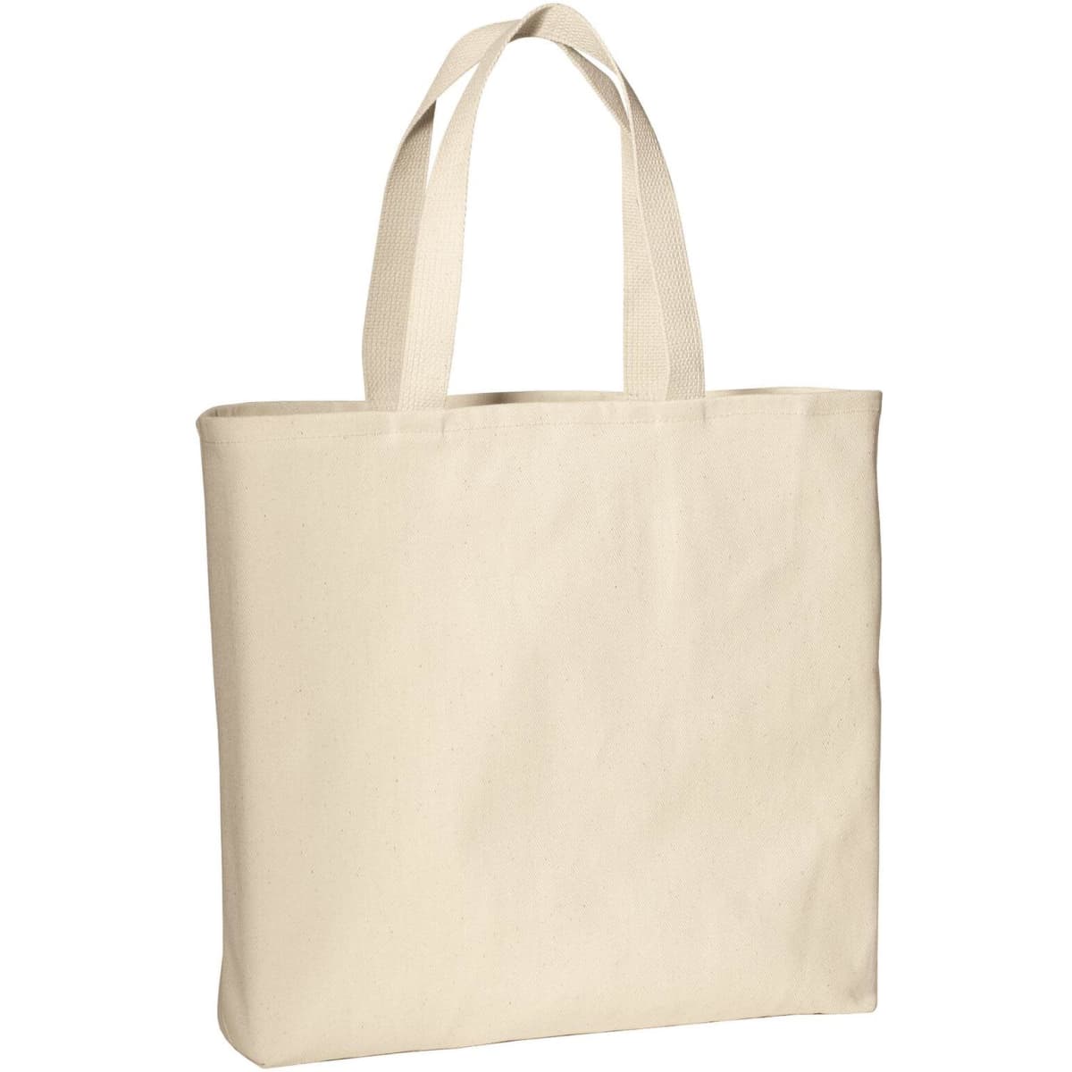 A beige tote bag with two handles and a simple design. The bag features a logo on one side.