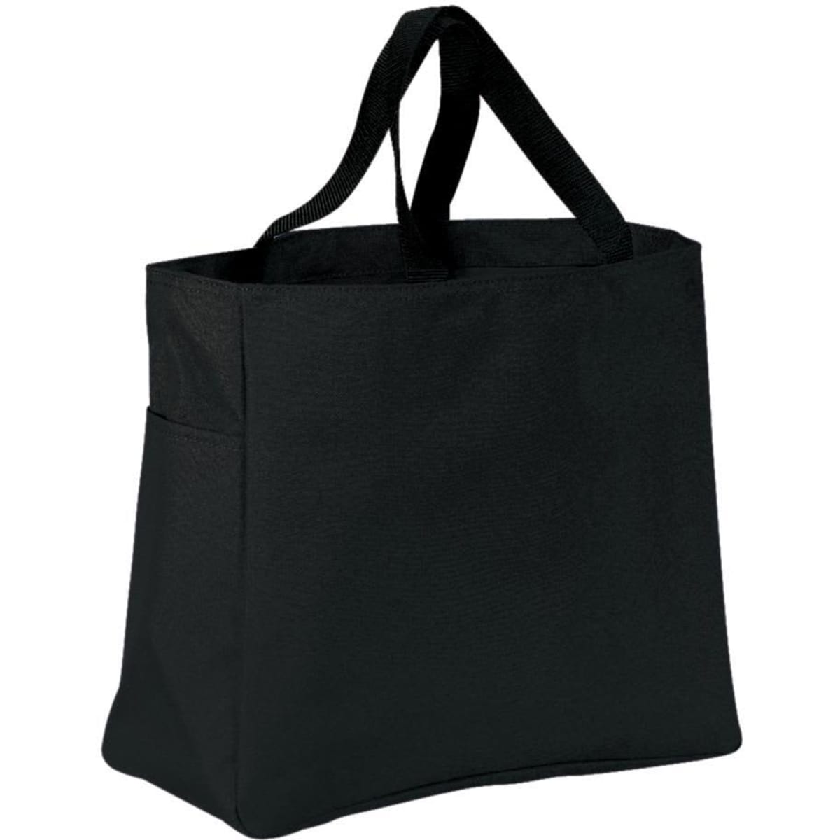 A black tote bag with two sturdy handles and a side pocket, featuring a logo.