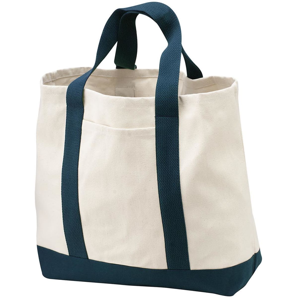 A two-tone shopping tote in cream and navy blue, featuring sturdy handles and an exterior pocket.