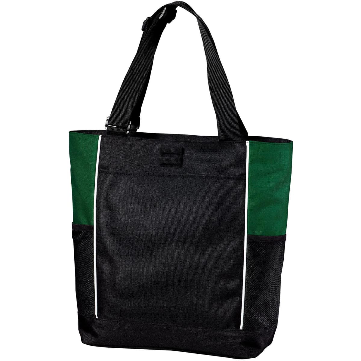 A black tote bag with green accents and white piping, featuring shoulder straps and side pockets.