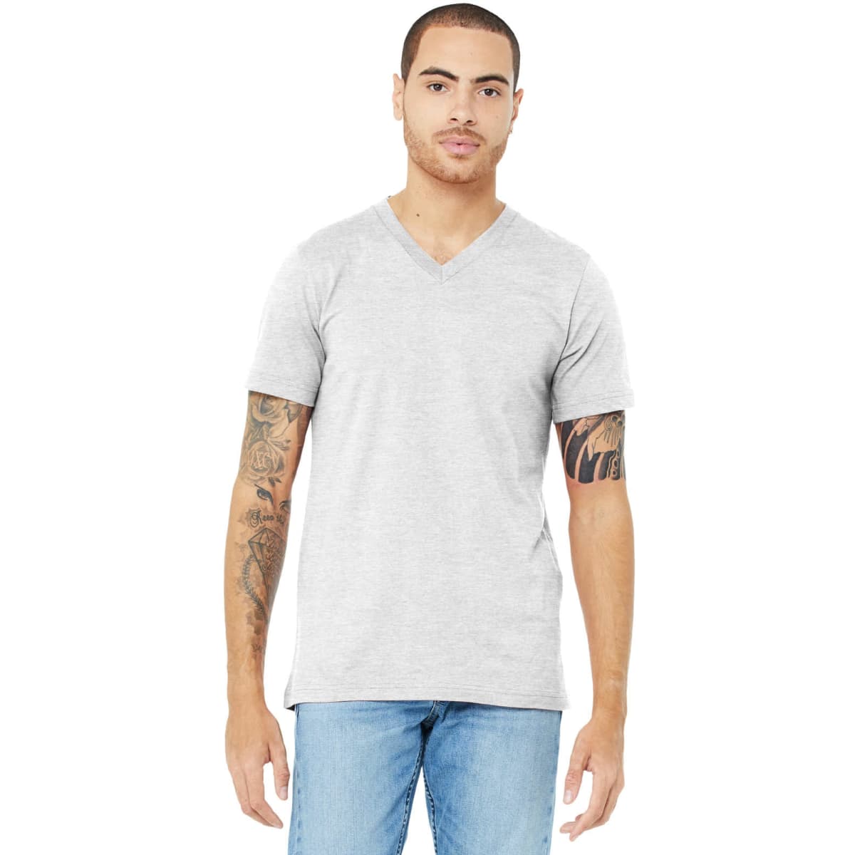 A grey unisex jersey short sleeve V-neck tee on a model, featuring a logo on the garment.