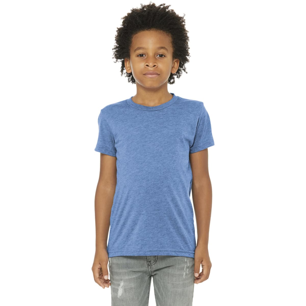 A youth triblend short sleeve tee in a blue hue, featuring a logo on the front, modelled by a child.