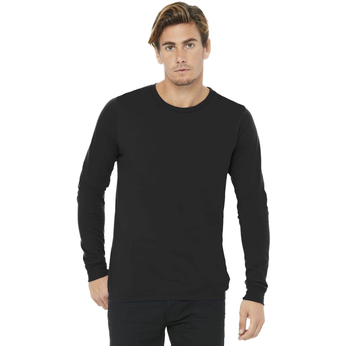 A black unisex long sleeve tee with a simple design and a branding logo. Suitable for casual wear.